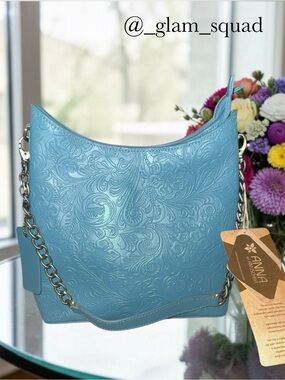 Heritage Leather Anna by Anuschka Floral Embossed Top Zip Hobo Bag Blue NWT